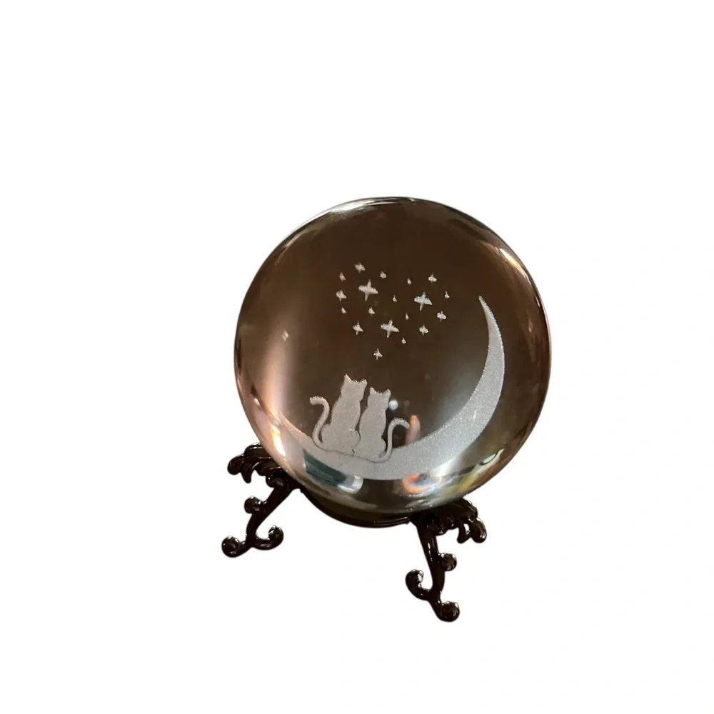 Crystal Ball With Two Cats On Moon Heart Stars With Stand